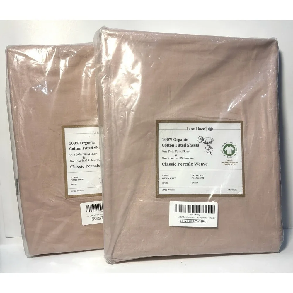 Set of 2 Lane Linen Organic Cotton Twin Fitted Sheet & Pillowcase Sepia Rose